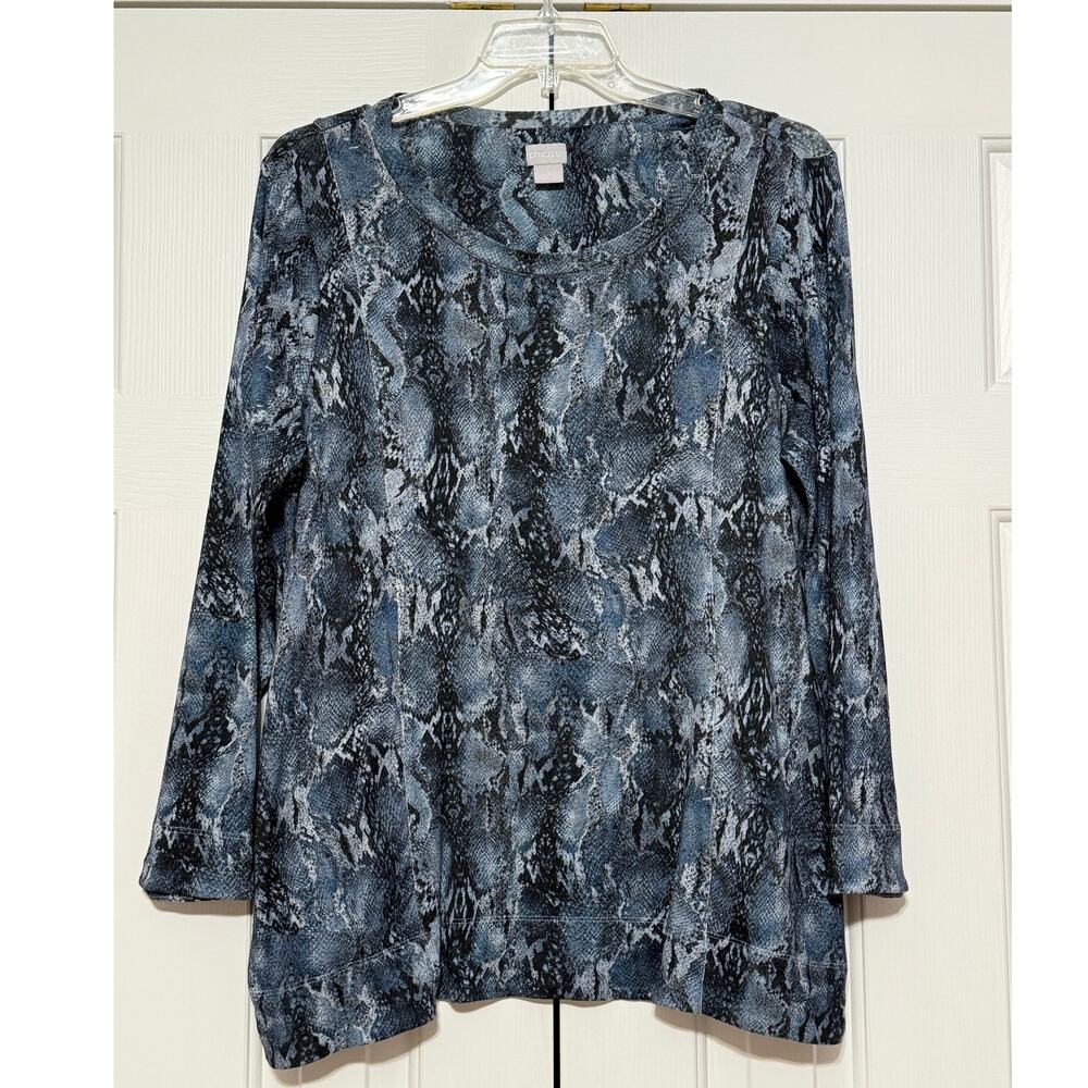 Chico's Blue Reptile Print Stretch Pima Cotton Tunic, Size 2/Large
